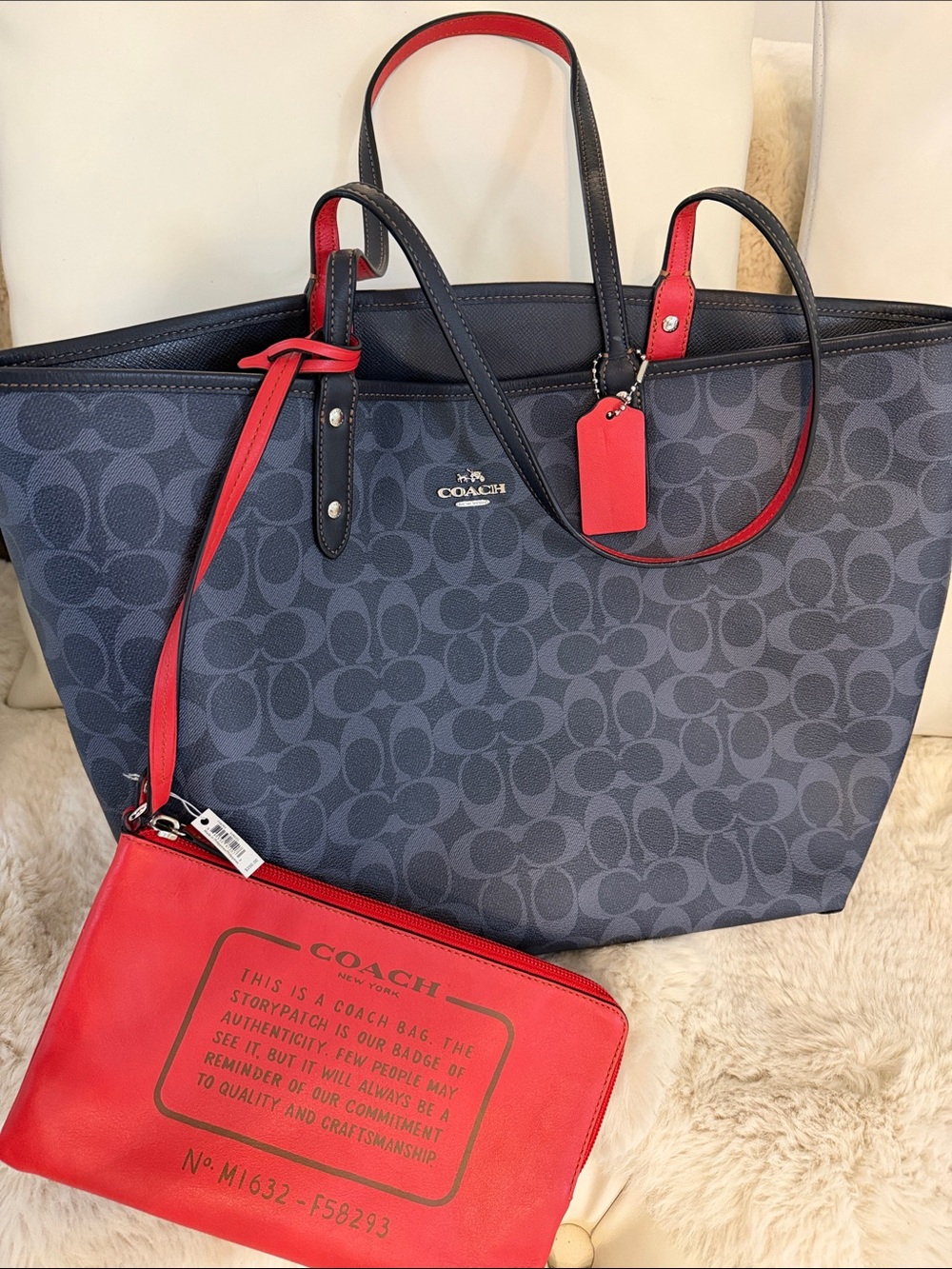 Coach Women's Signature Tote with Red Pouch - Navy/Red never used